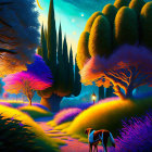 Colorful Landscape with Silhouetted Figures, Dog, Trees, and Sunset Sky