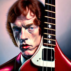 Intense gaze portrait merged with red electric guitar neck