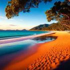 Sunny beach scene with people strolling, golden sand, cliffs, and overhanging trees