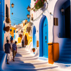 Sunlit cobblestone street with white and blue buildings, flowering plants, lanterns, and ascending