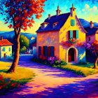 Colorful painting of quaint village with lush trees and winding path