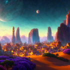 Colorful alien landscape with towering rock formations and celestial bodies in the sky