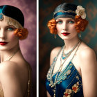 1920s Woman in Split Portraits with Red Hair & Vintage Makeup