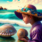 Young girl in vintage outfit examines large pearl in seashell by seascape