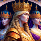 Regal women in golden crowns, royal blue and purple attire