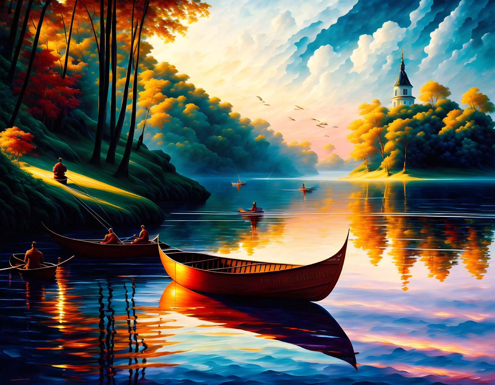 Scenic lakeside sunset with boats, castle, autumn trees, birds, and reflections