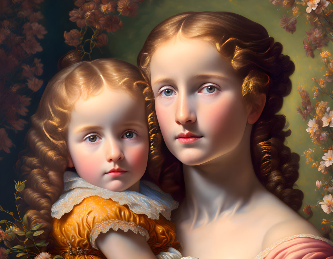 Vintage Attire: Classical Oil Painting of Two Young Girls in Delicate Features