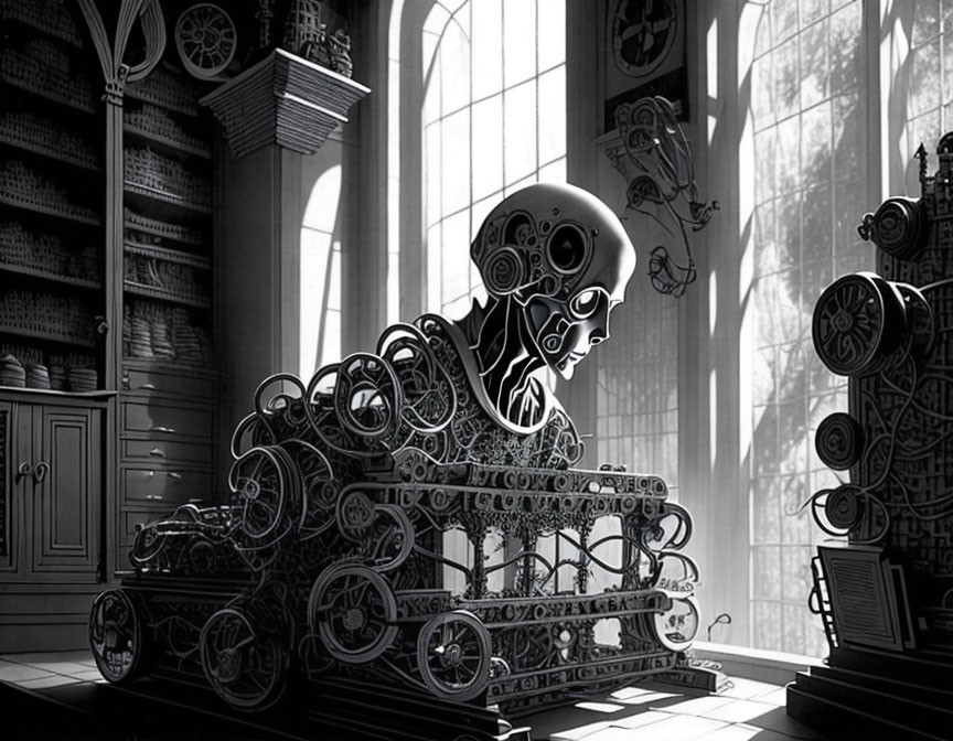 Intricate mechanical figure with cog and letter motifs in grand room.