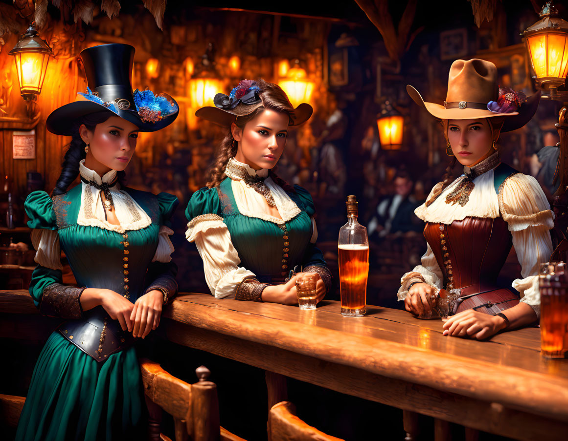 Three women in Victorian-era attire with top hats and bonnets standing at a bar with a bottle and