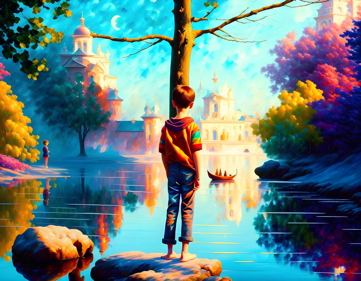 Boy admires vibrant lakeside landscape with church, trees, and rowboat