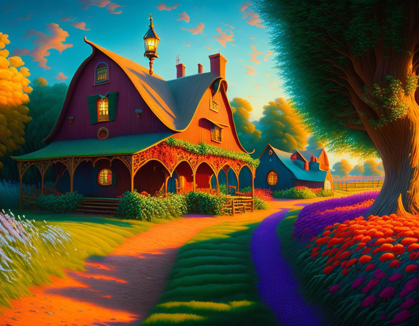 Colorful Whimsical Countryside Scene with Fantasy Cottages and Gardens