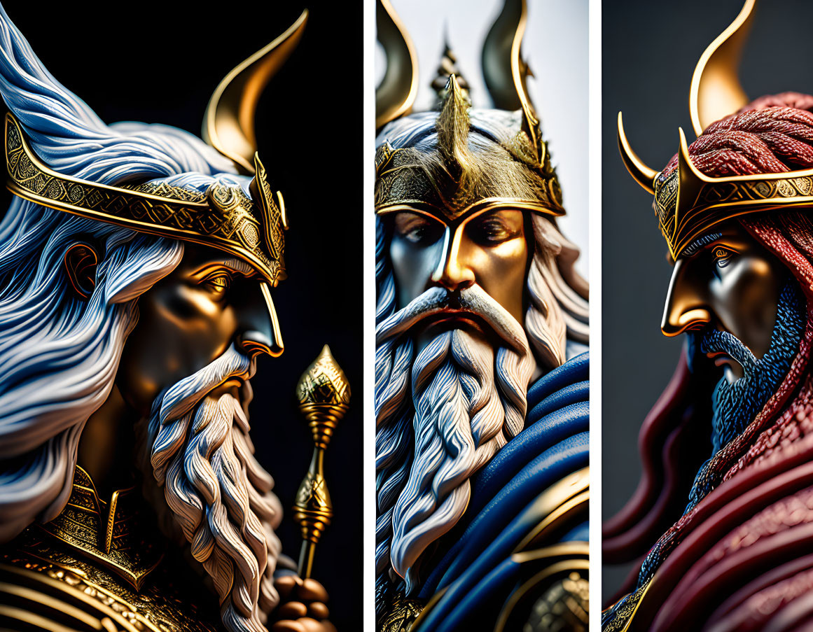 Three stylized portraits of regal character with crown and beard in varied color palettes and intricate designs