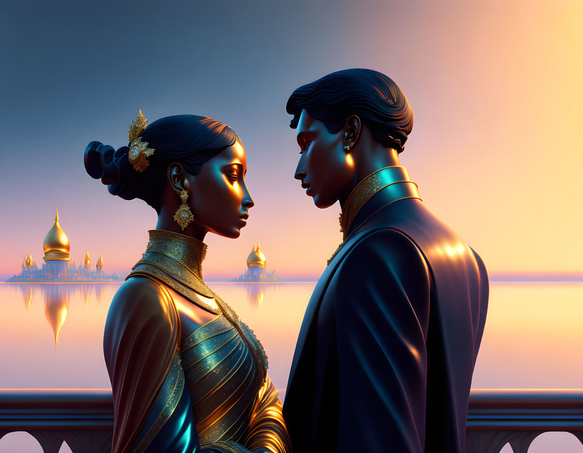 Illustrated couple in traditional Indian attire by balustrade with palace and sunset.