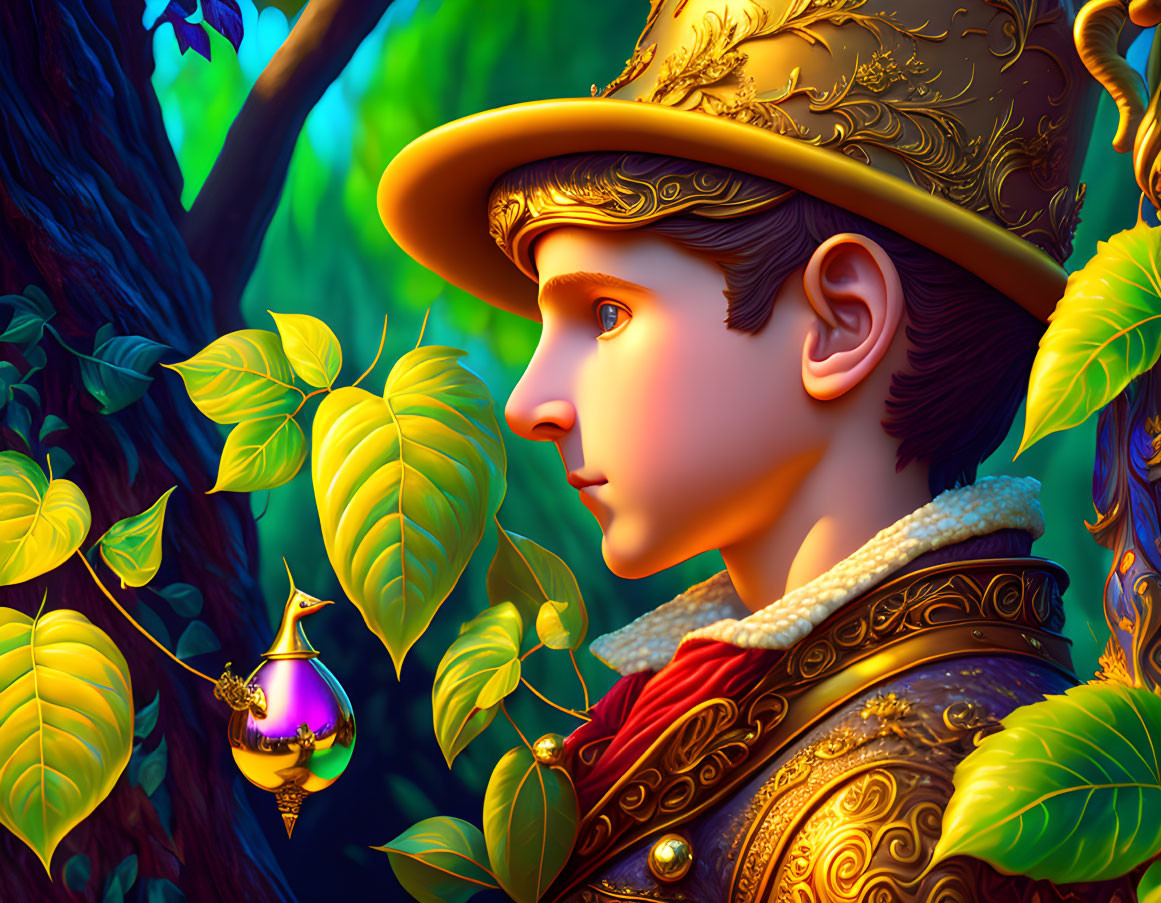 Stylized young man in gold-trimmed clothing with glowing purple potion