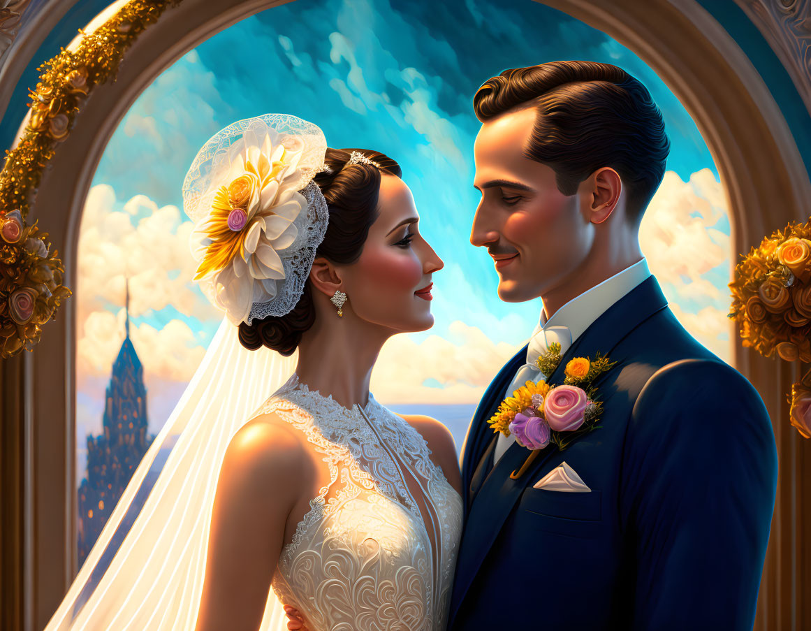 Bride and groom smiling under ornate arches with cityscape sunset.