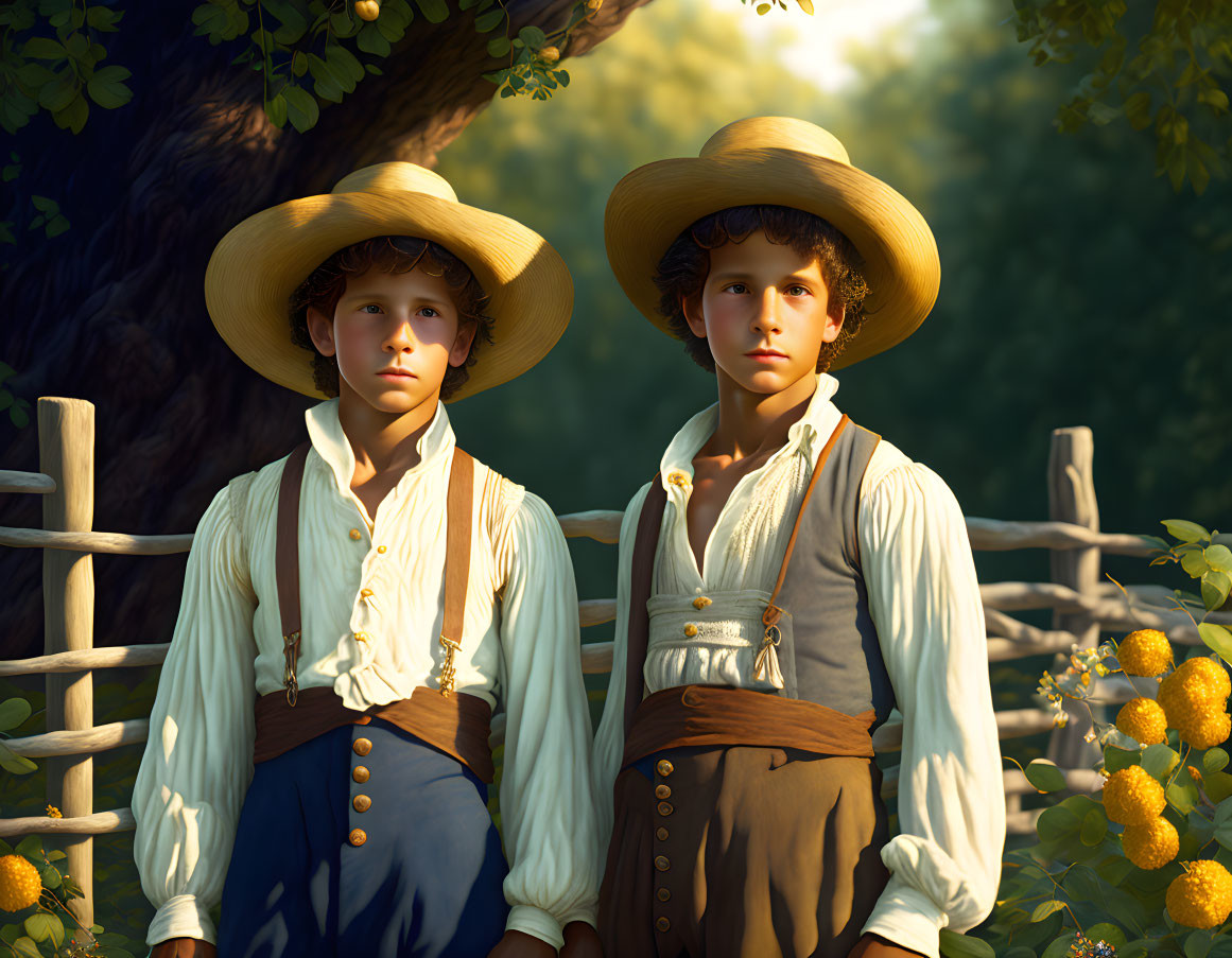 Vintage farm clothing boys by wooden fence in lush greenery