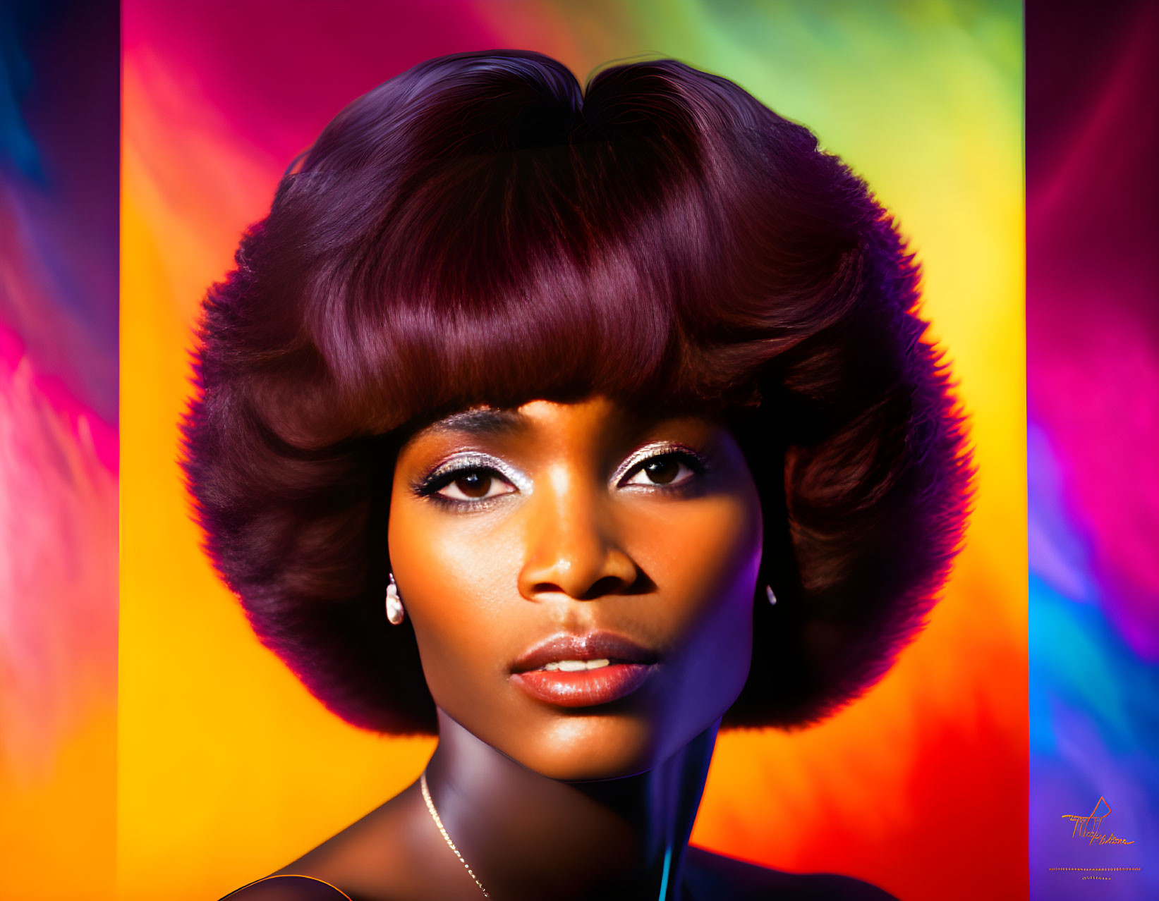 Woman with voluminous dark hairstyle on vibrant multicolored background