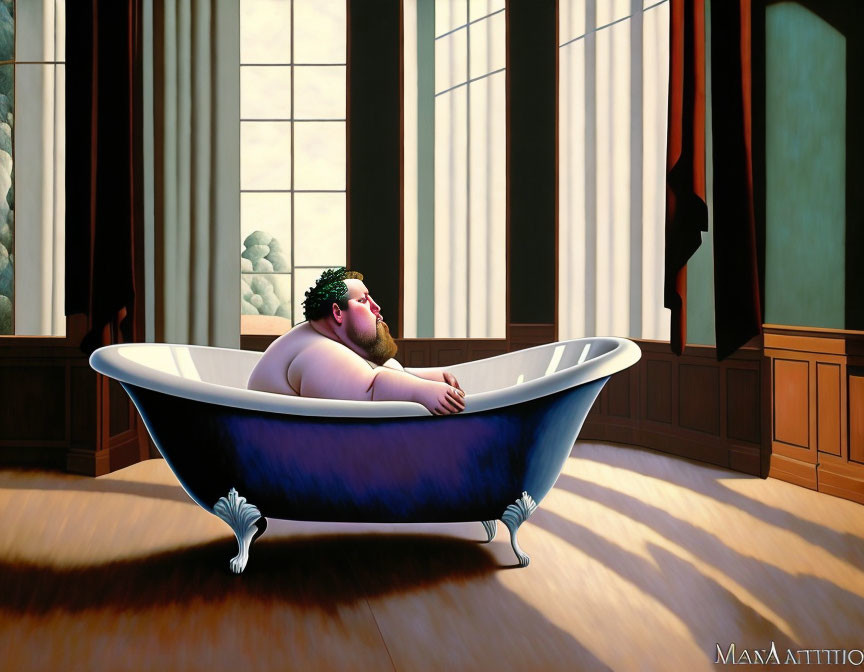 Bearded man in sunglasses sitting in clawfoot bathtub by large windows