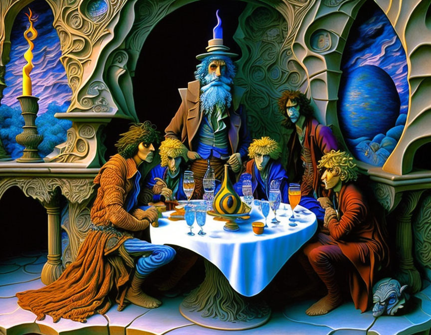 Fantasy scene with robed figures, distinct hairstyles, wizard in blue hat