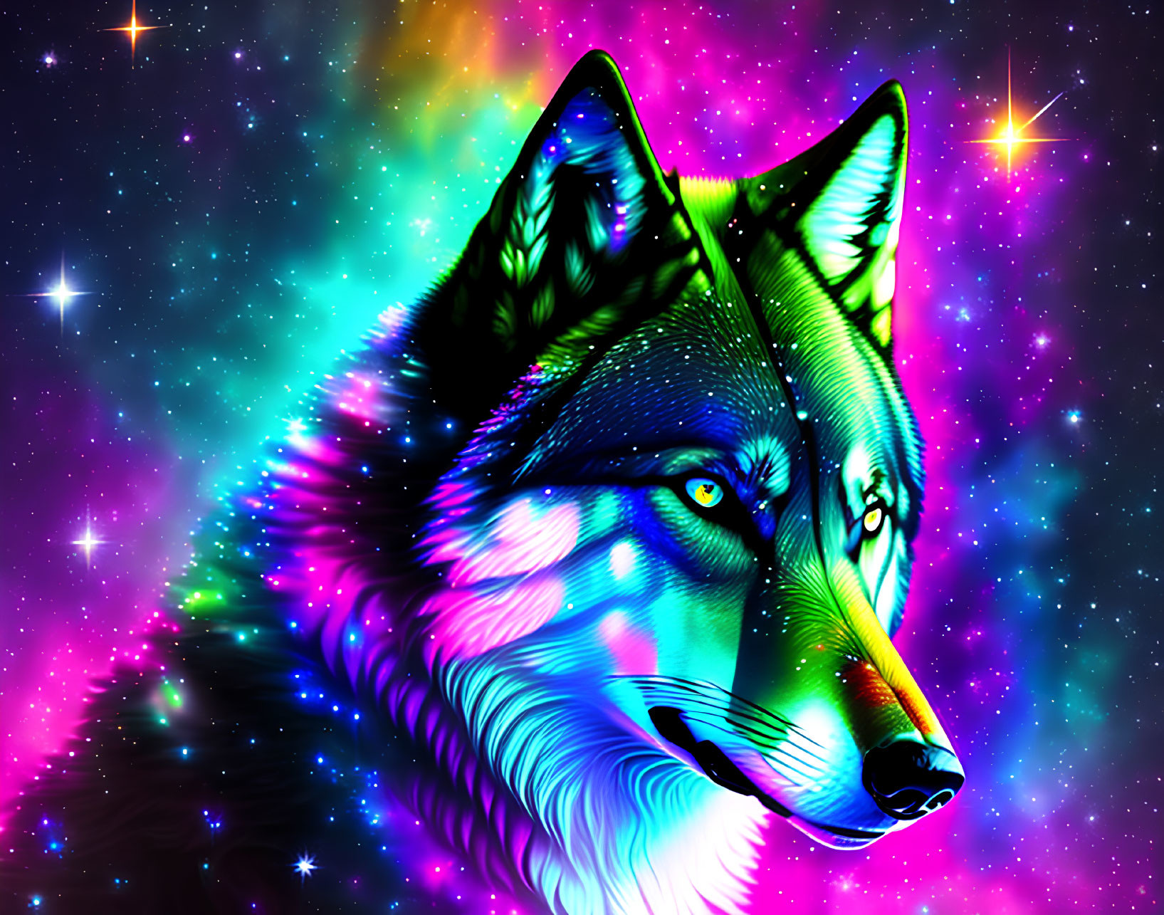 Colorful Neon Wolf Illustration on Galaxy Background