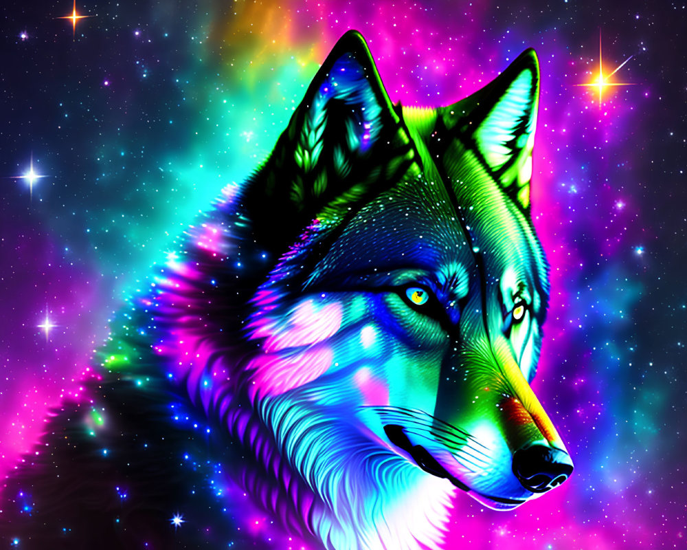 Colorful Neon Wolf Illustration on Galaxy Background