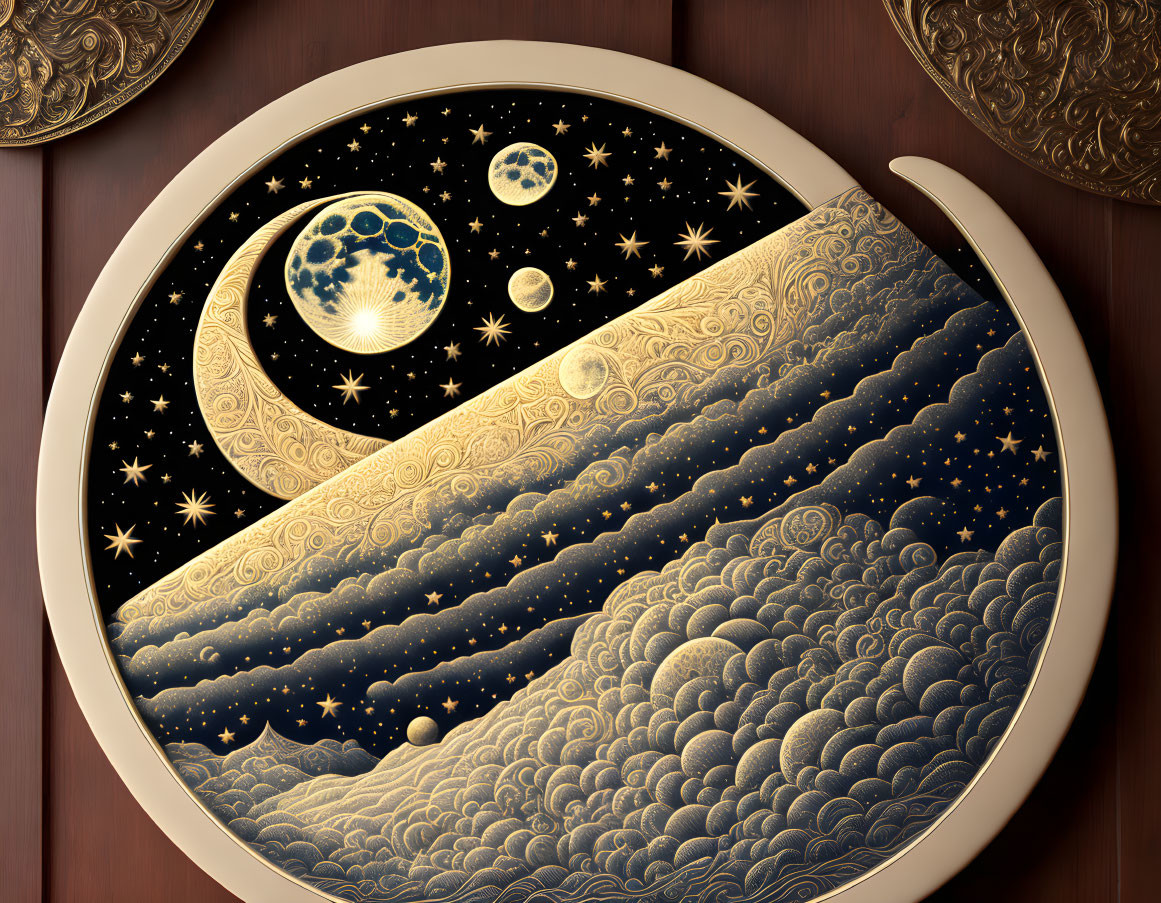 Celestial-themed plate with waves, stars, moon, and planets on dark background