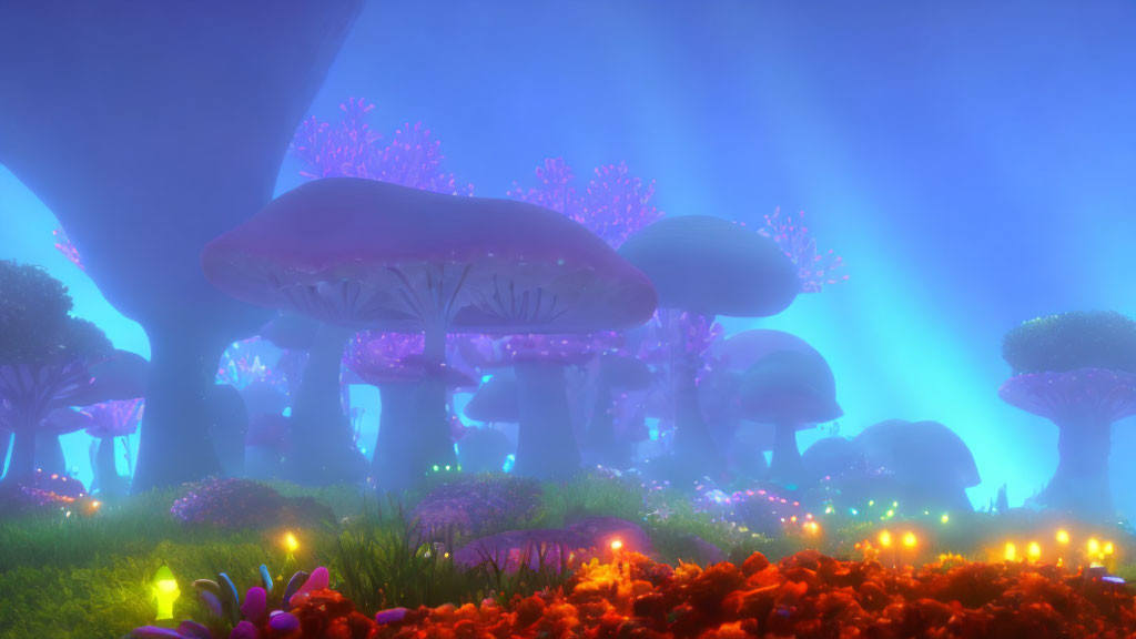 Mystical forest at dusk with oversized glowing mushrooms and purple-blue plants