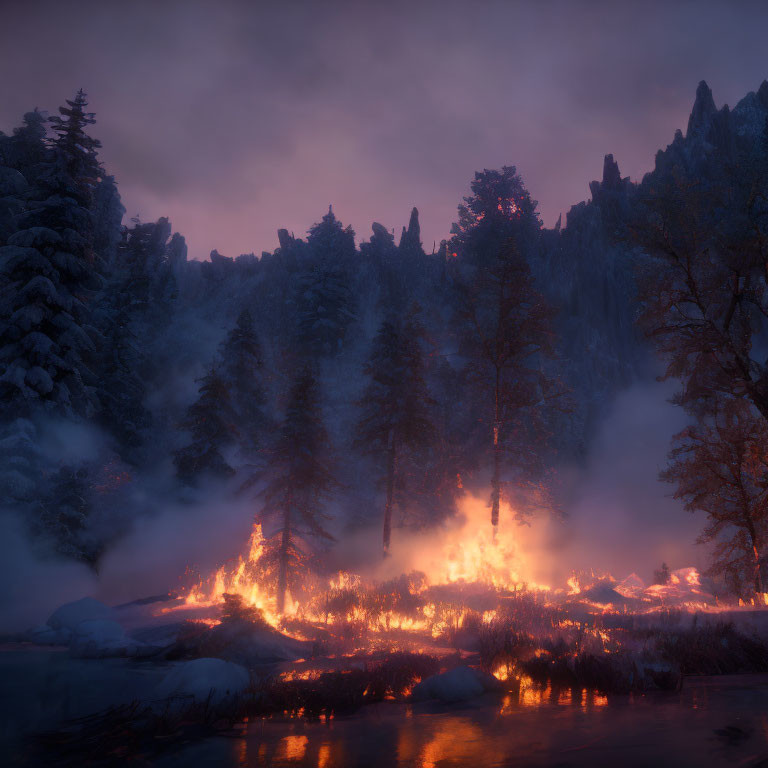 Twilight forest fire amid snow-covered trees in dusky sky