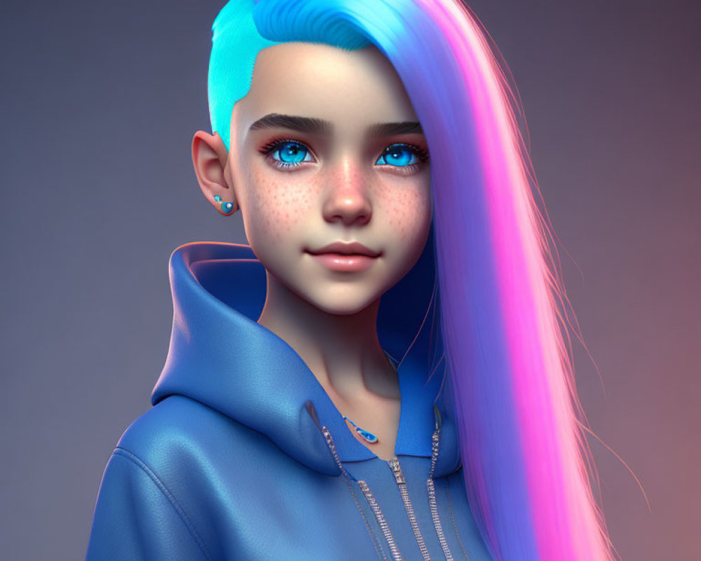 Vibrant 3D Illustration of Person with Blue and Pink Hair, Freckles,