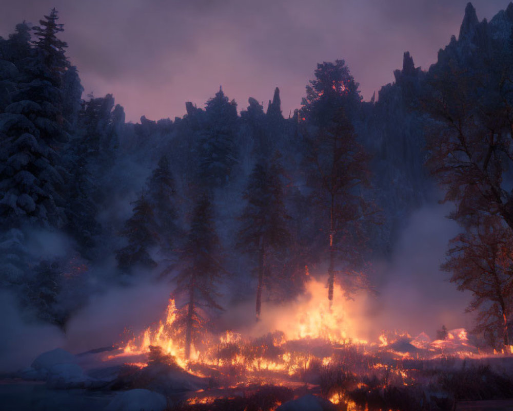 Twilight forest fire amid snow-covered trees in dusky sky