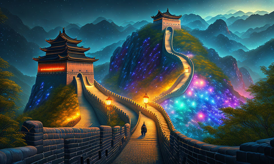 Great Wall of China winding through mountains under starry sky.