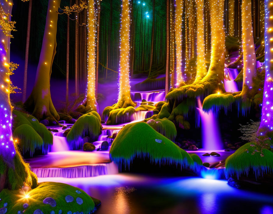 Vibrant Purple and Yellow Lights in Enchanted Forest Scene