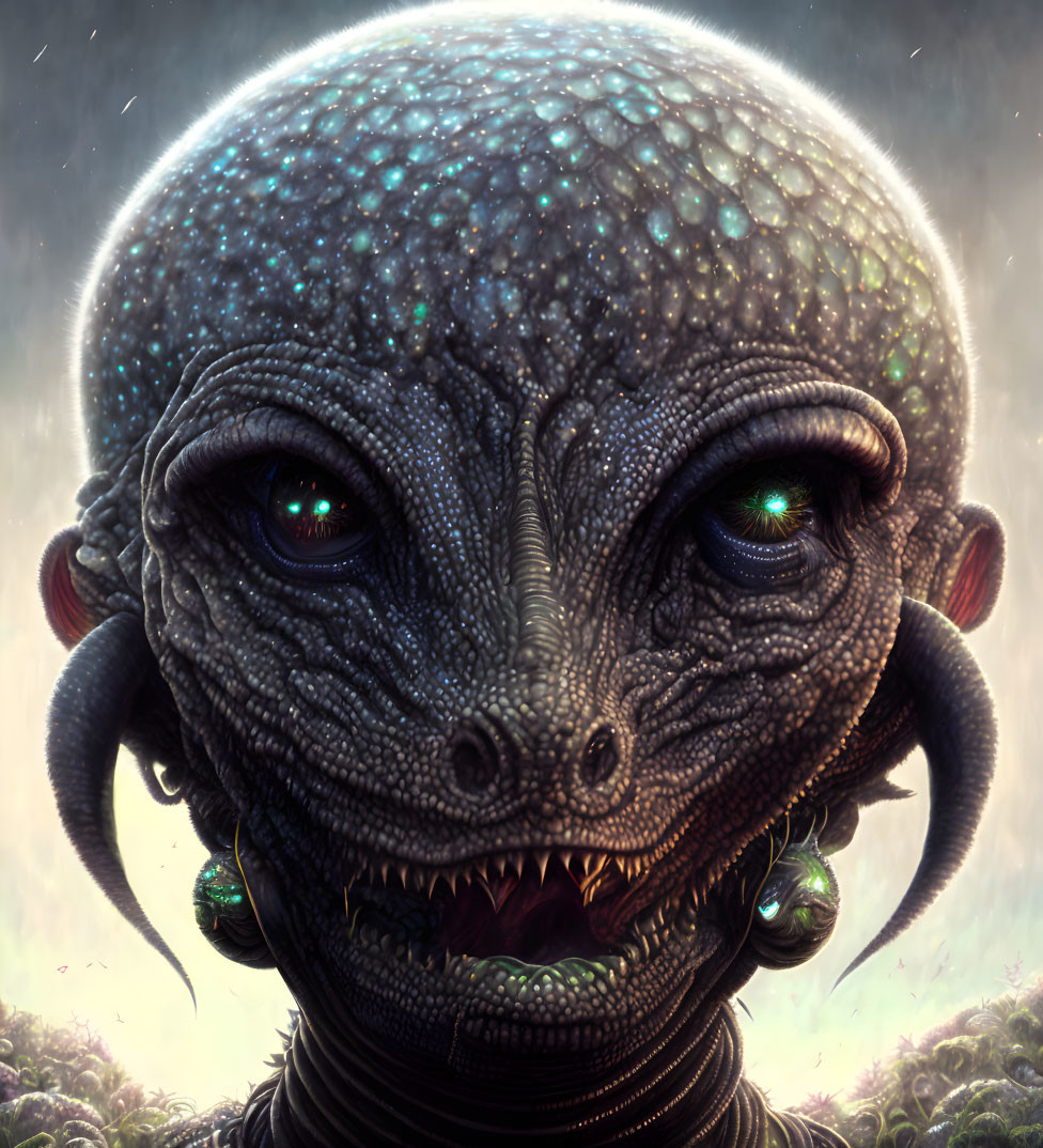 Detailed Alien Creature with Green Eyes, Scaly Skin, Sharp Teeth, and Spiral Horns