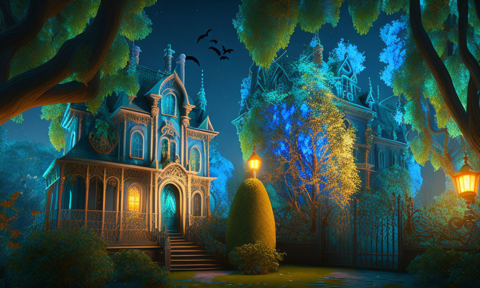 Fantastical nighttime scene with ornate house and glowing blue trees