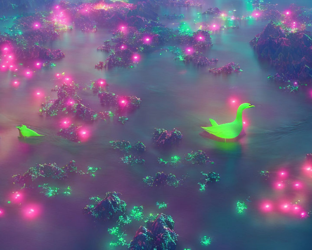 Surreal landscape with neon lights, origami swans on foggy water.