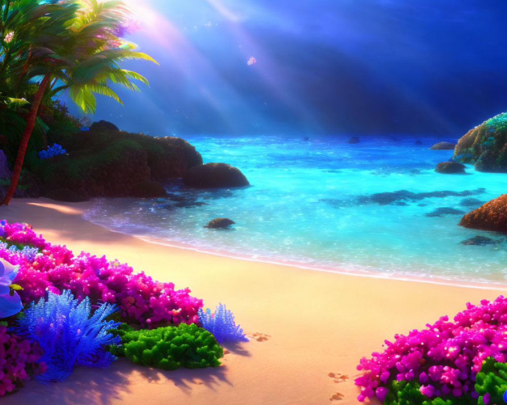 Tranquil beach scene with vibrant flowers and clear water