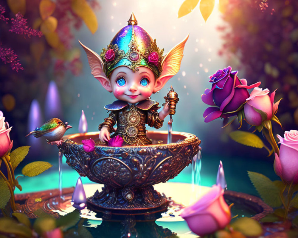 Regal elf in enchanted forest with fountain, roses, and bird