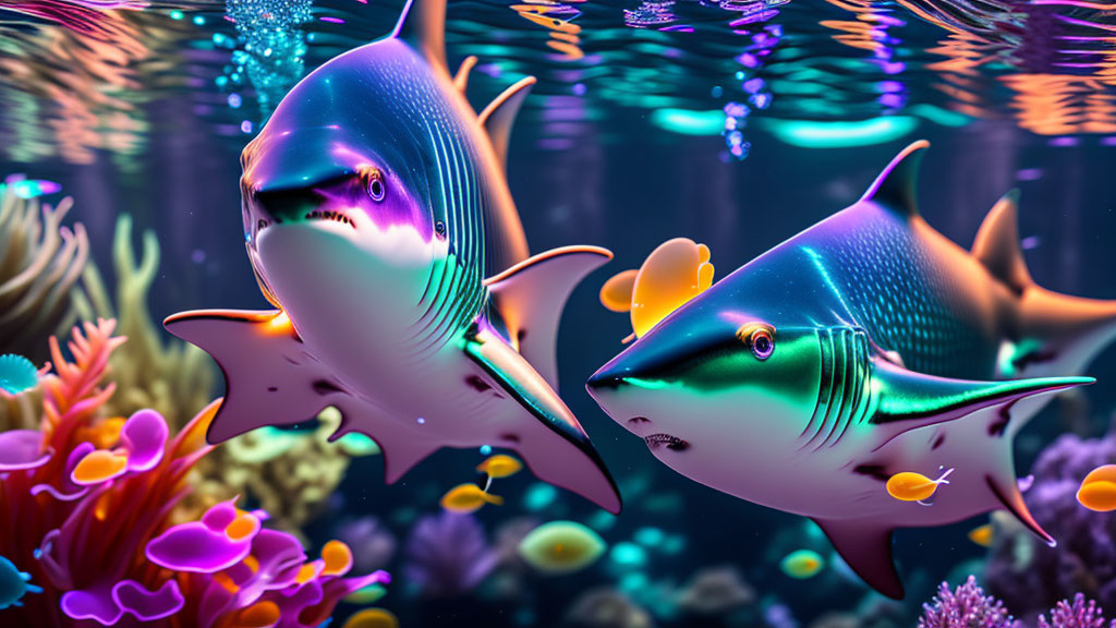 Vibrant stylized sharks in colorful coral reef scene