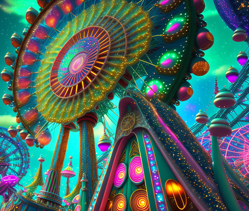 Psychedelic fantasy architecture with neon colors and intricate patterns