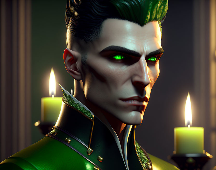 Male figure with green hair and glowing eyes in high-collared coat by candles