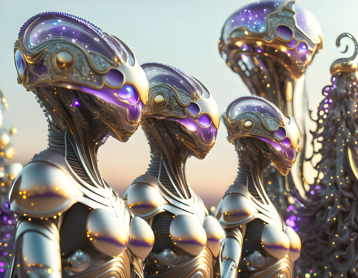 Metallic humanoid sculptures with intricate designs on soft-focus background.