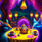 Vibrant blue foxes with golden teapot in colorful forest