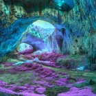 Vibrant Blue and Purple Illuminated Cave with Glowing Mushrooms