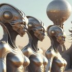 Metallic humanoid sculptures with intricate designs on soft-focus background.