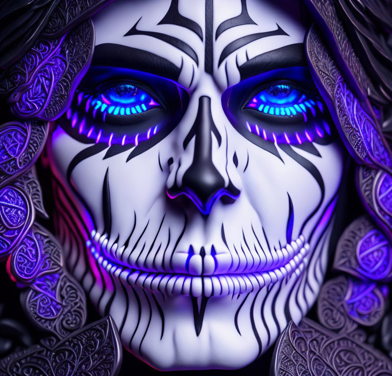 Detailed Close-Up of Person with Skull Face Paint in Purple and Black