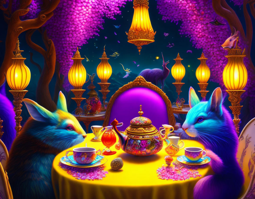 Vibrant blue foxes with golden teapot in colorful forest