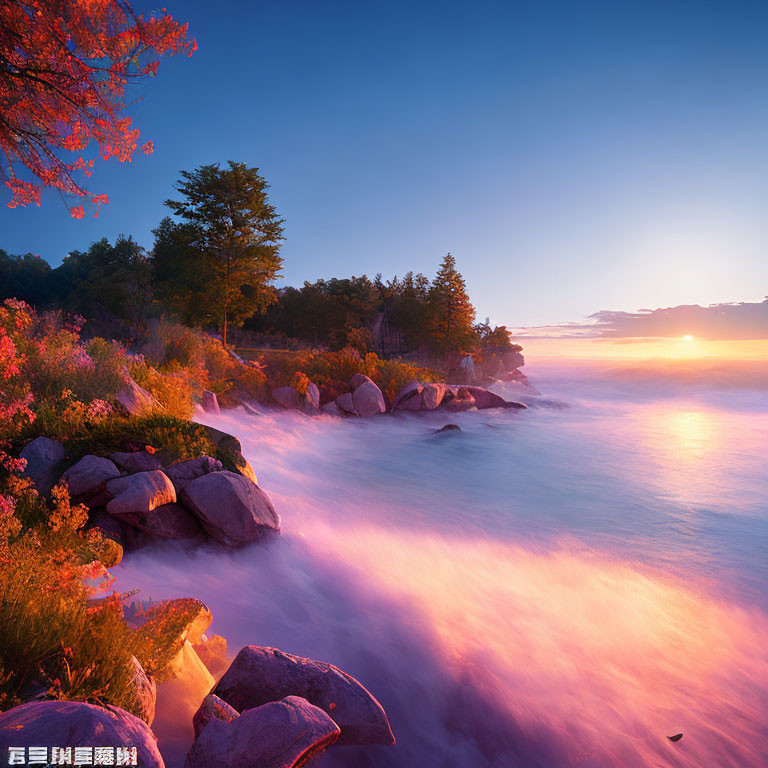 Vibrant pink and orange sunrise over misty lake with autumn trees.