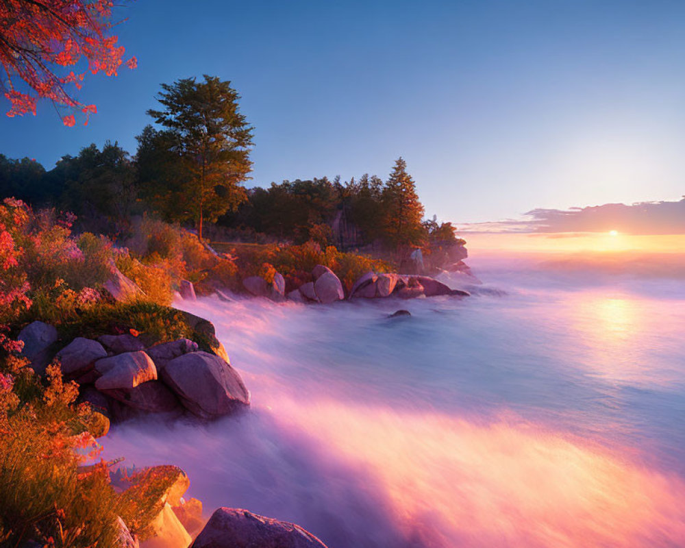 Vibrant pink and orange sunrise over misty lake with autumn trees.