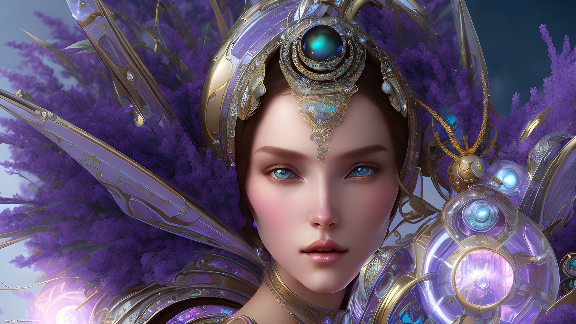 Futuristic digital artwork of a woman in intricate purple armor