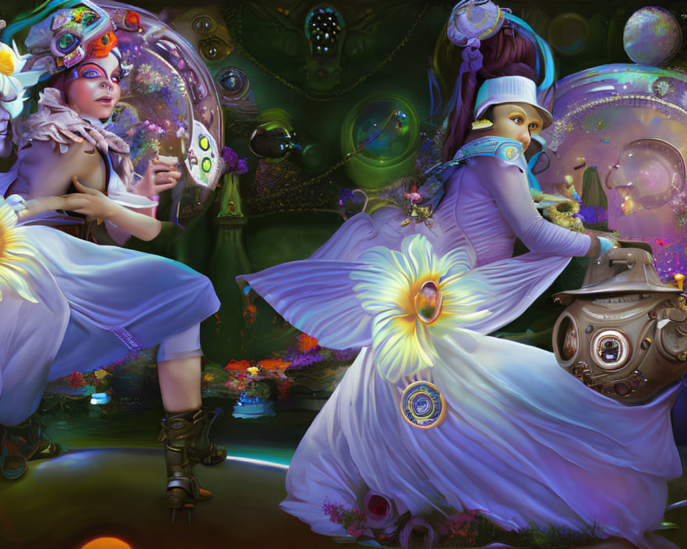 Ethereal Figures with Floral Accessories in Vibrant, Otherworldly Scene